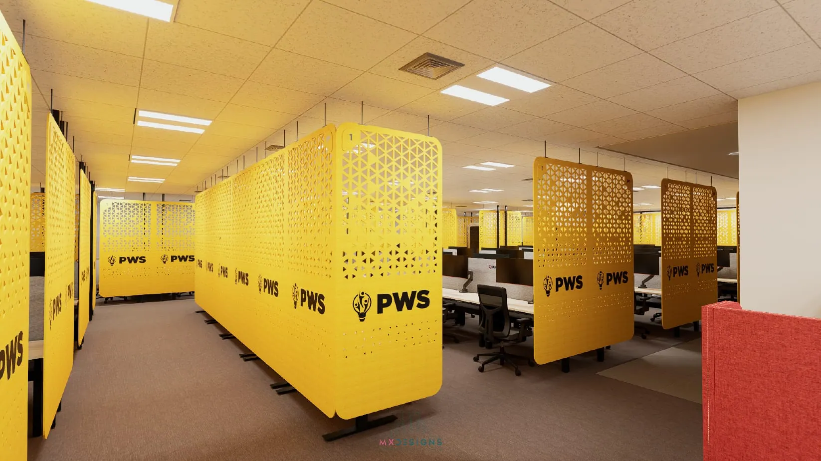 Row of yellow branded workstation partitions with desks in the People Work Smart office