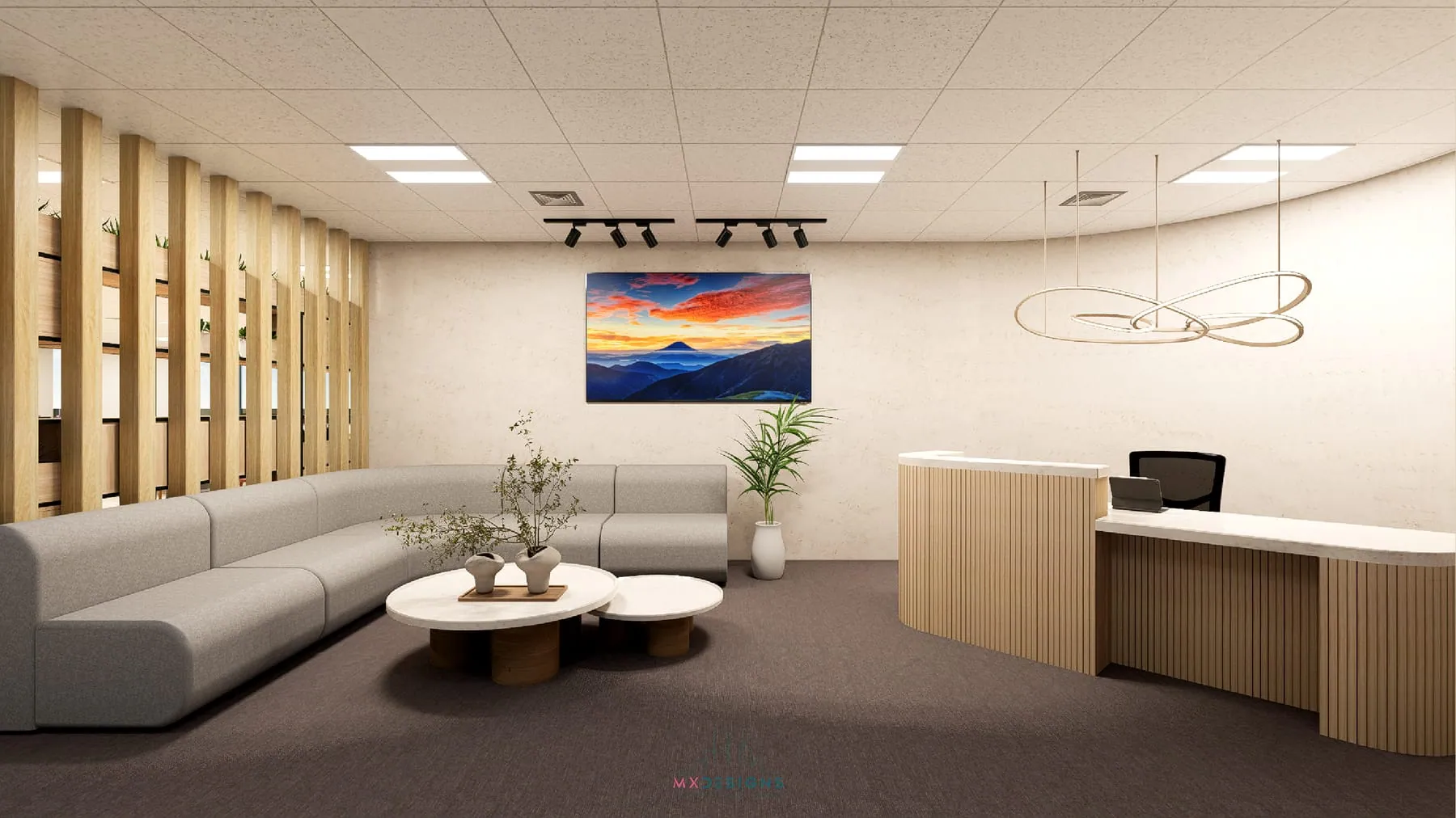 Reception desk and lounge seating area with wood slat detailing
