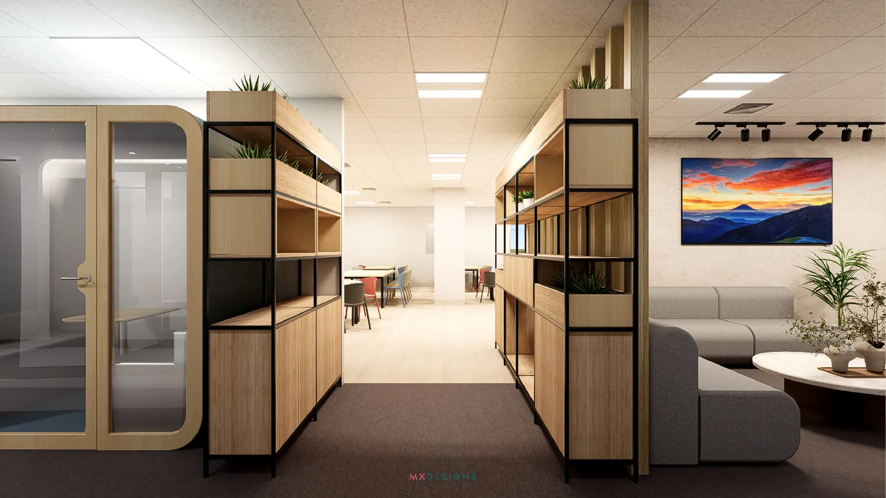 Corridor between wood shelving leading to a lounge and breakout area