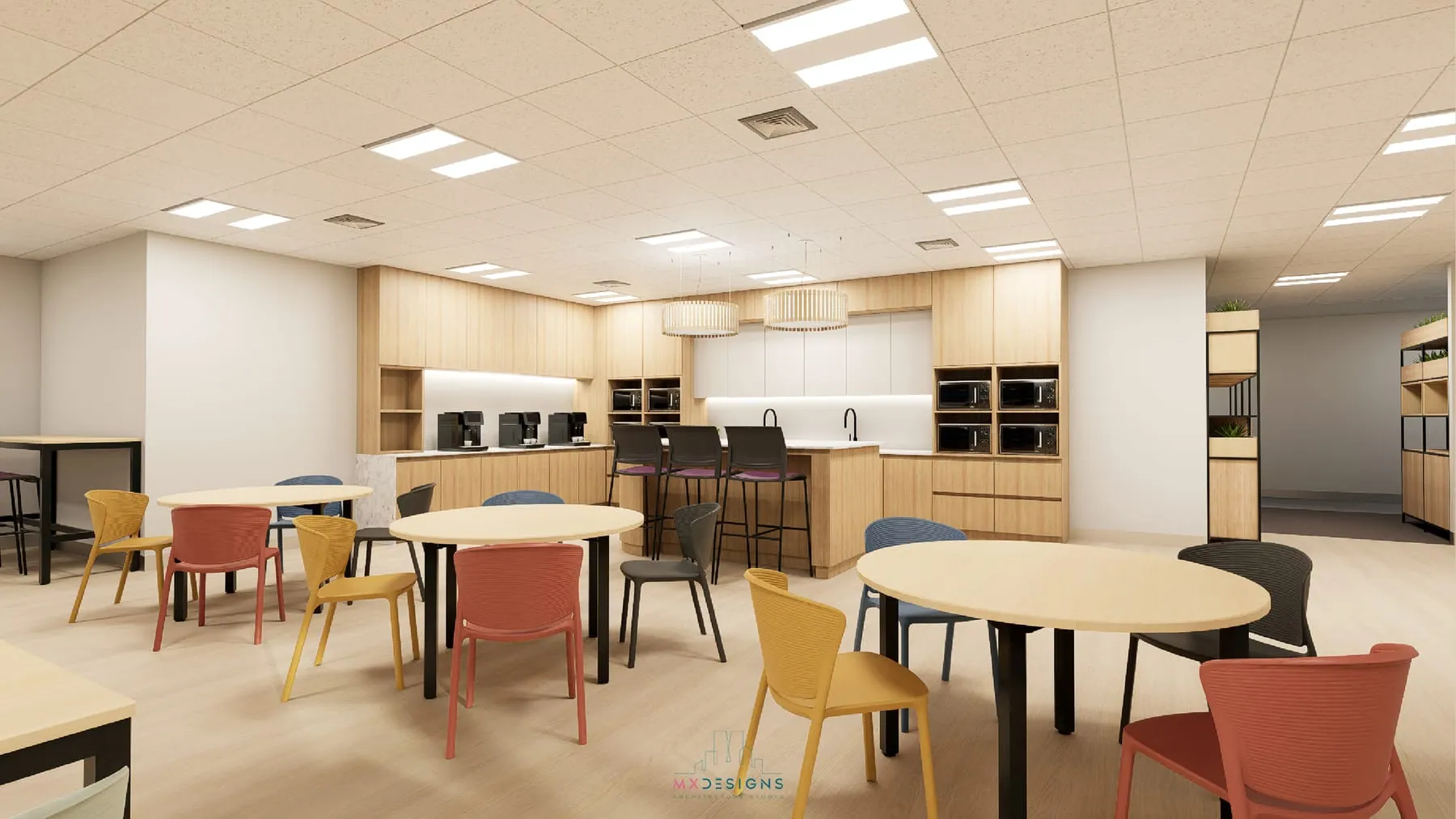 Staff pantry and break area with kitchen facilities and seating