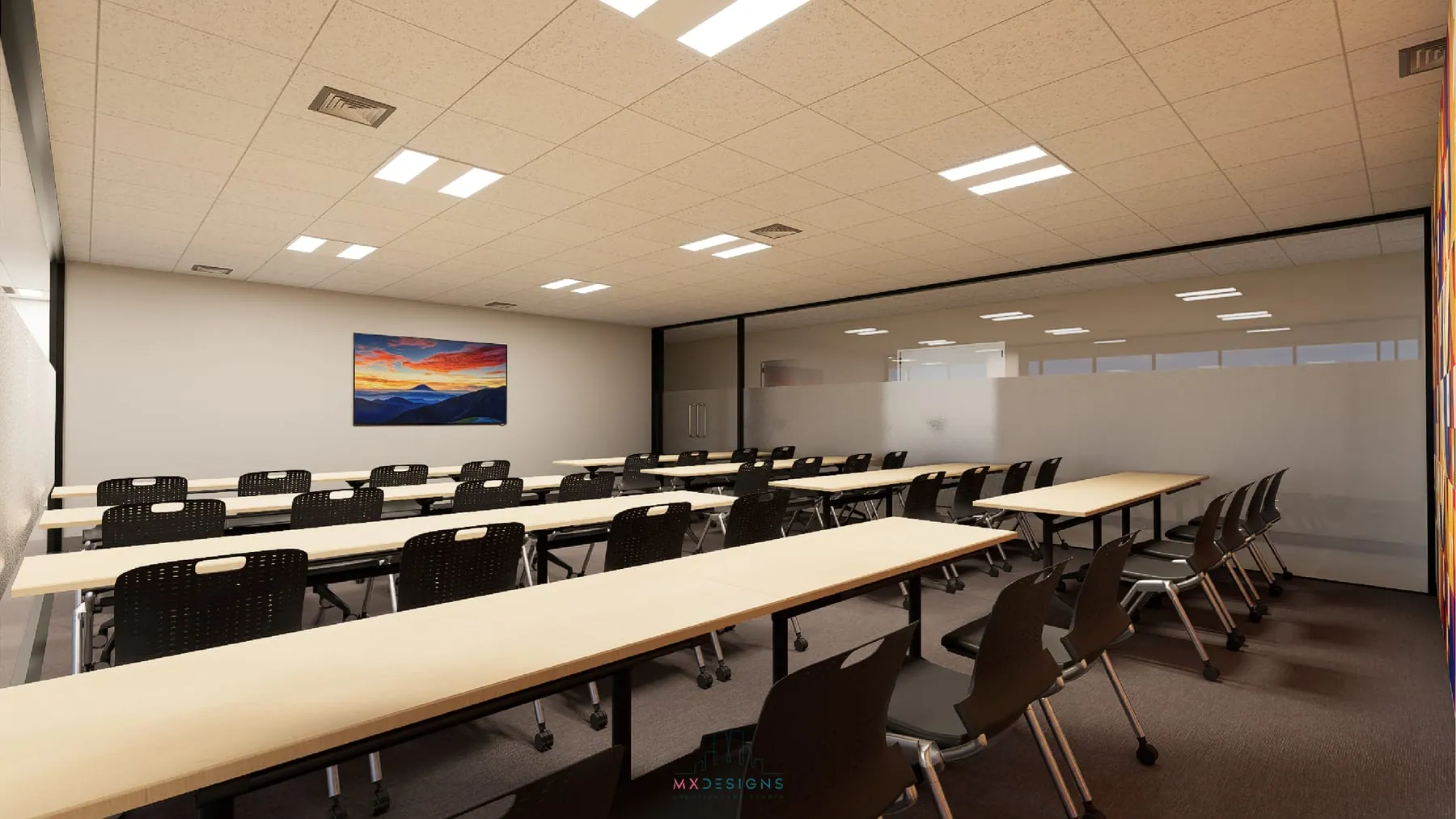 Training room set up with rows of tables and chairs