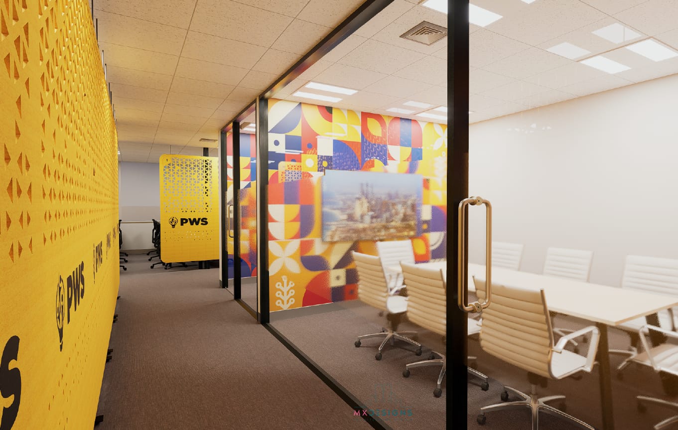 Glass-walled meeting room beside a corridor with a colourful mural wall