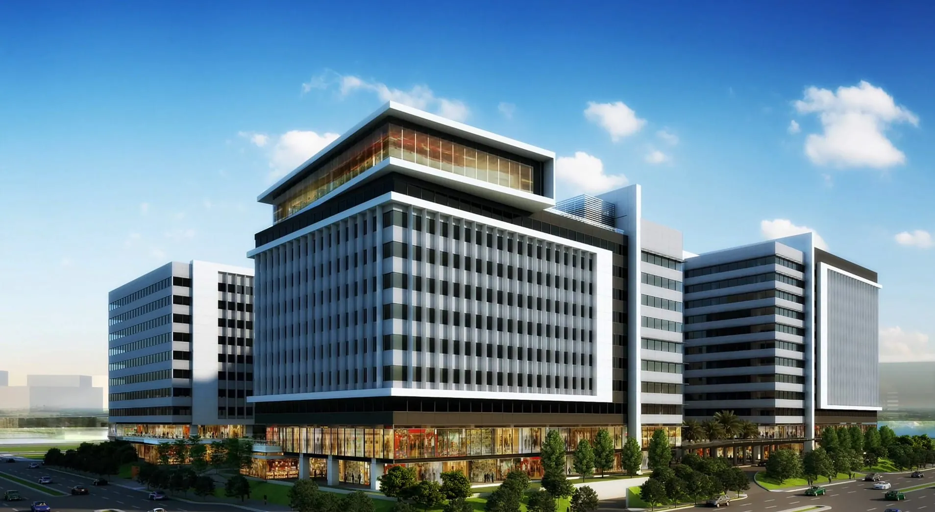 Daytime view of the West Aeropark office precinct and retail podium