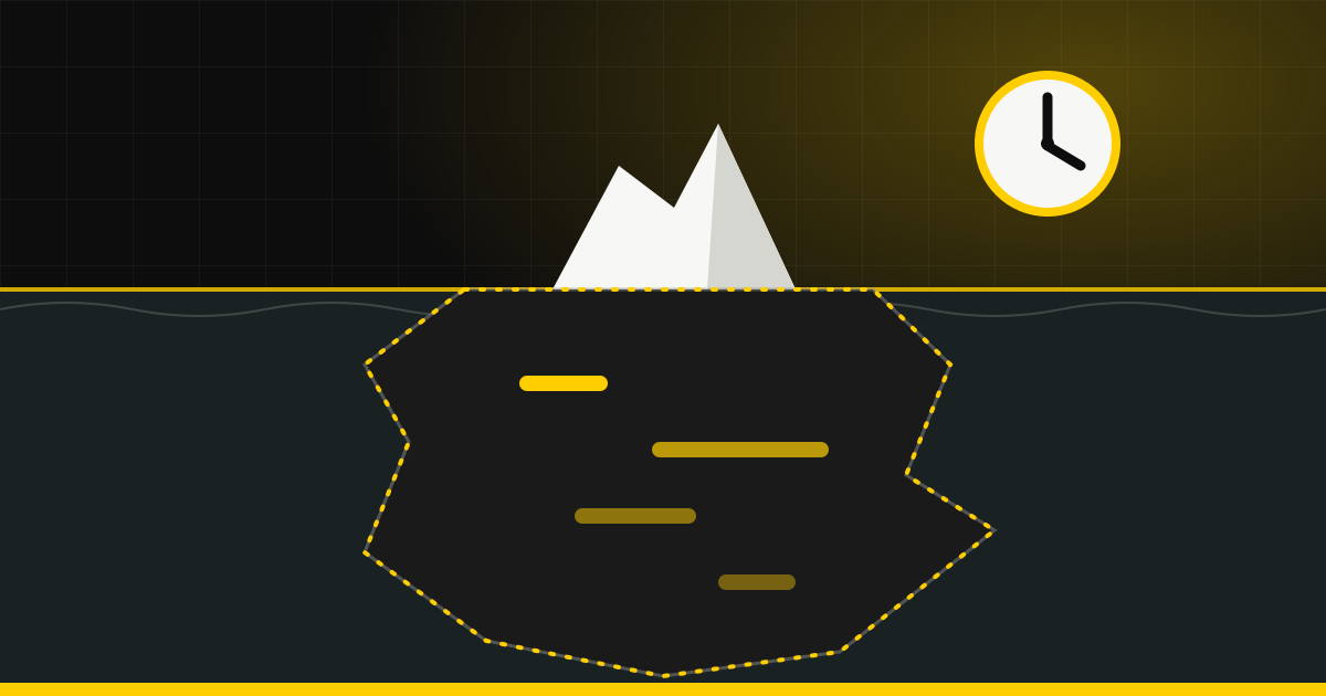 An iceberg with a clock above the waterline, showing the hourly rate is only the visible part of offshore cost