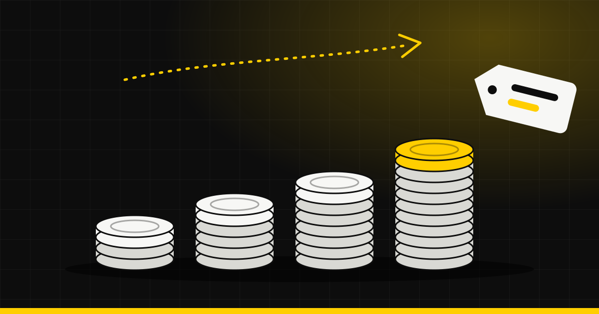 Stacks of coins rising in height beside a price tag, illustrating the cost of offshore staffing