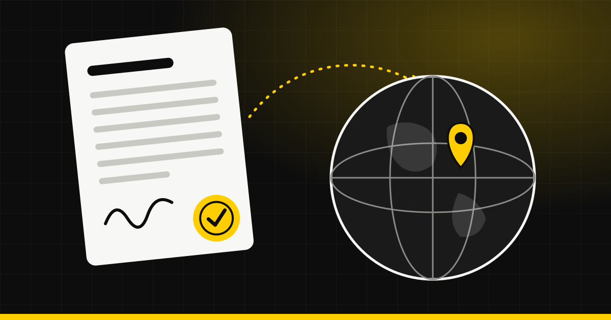 A signed agreement linked by a dotted line to a globe with a location pin, illustrating an offshore worker's contract