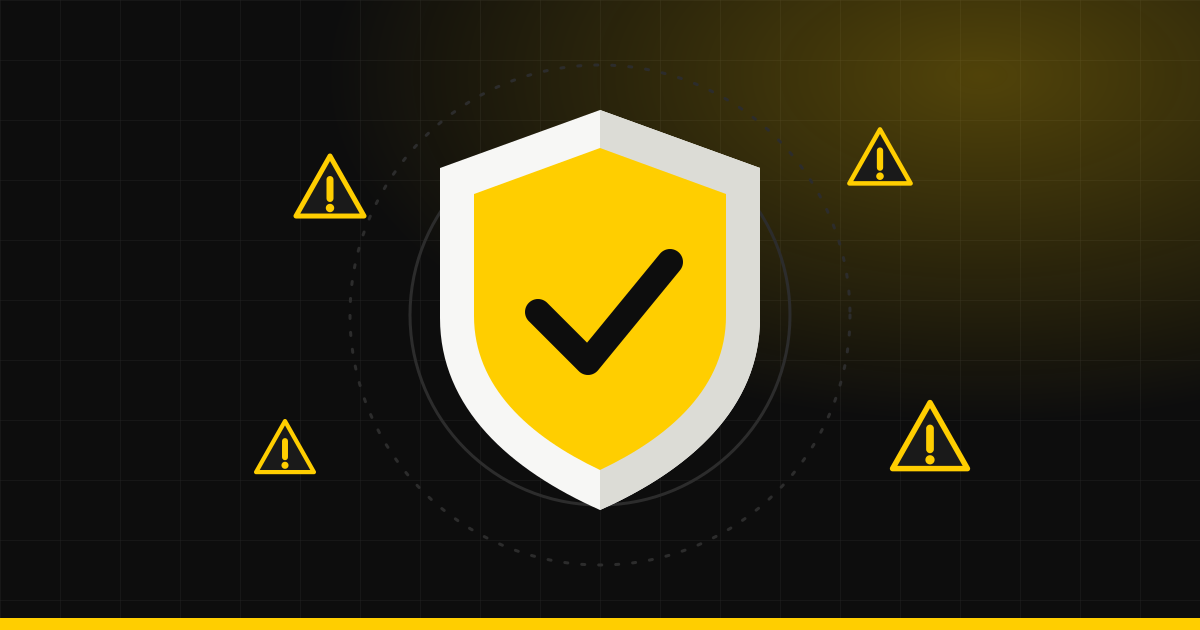 A shield with a check mark surrounded by warning signs, illustrating offshoring risks being managed