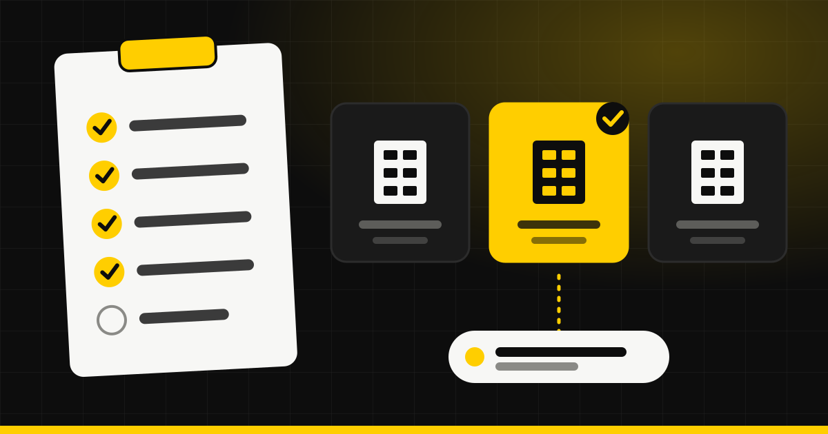A completed vetting checklist beside three offshore providers, with one highlighted, illustrating how to compare providers
